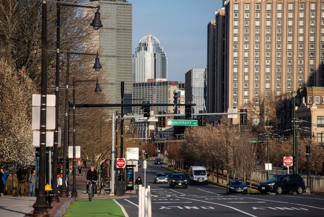 A photo of Comm Ave looking down at downtown Boston