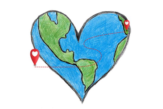 Image of two heart geo-pins on an image of heart with the earth inside of it.