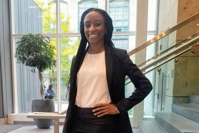 Portrait of Nadia Lee (LAW’20) in formal attire in front of a staircase; Lee helped draft the petition for emergency diploma privilege.