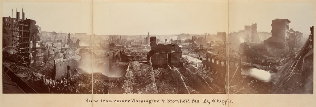 Image of the aftermath of the Great Boston Fire of 1872. Photo is on yellowing paper that looks like it was once folded into thirds. The School of Theology was on Bromfield Street at the time. Public Domain photo by Whipple