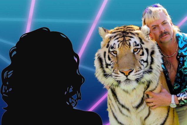 female silhouette in front of a Tiger King Zoom virtual background