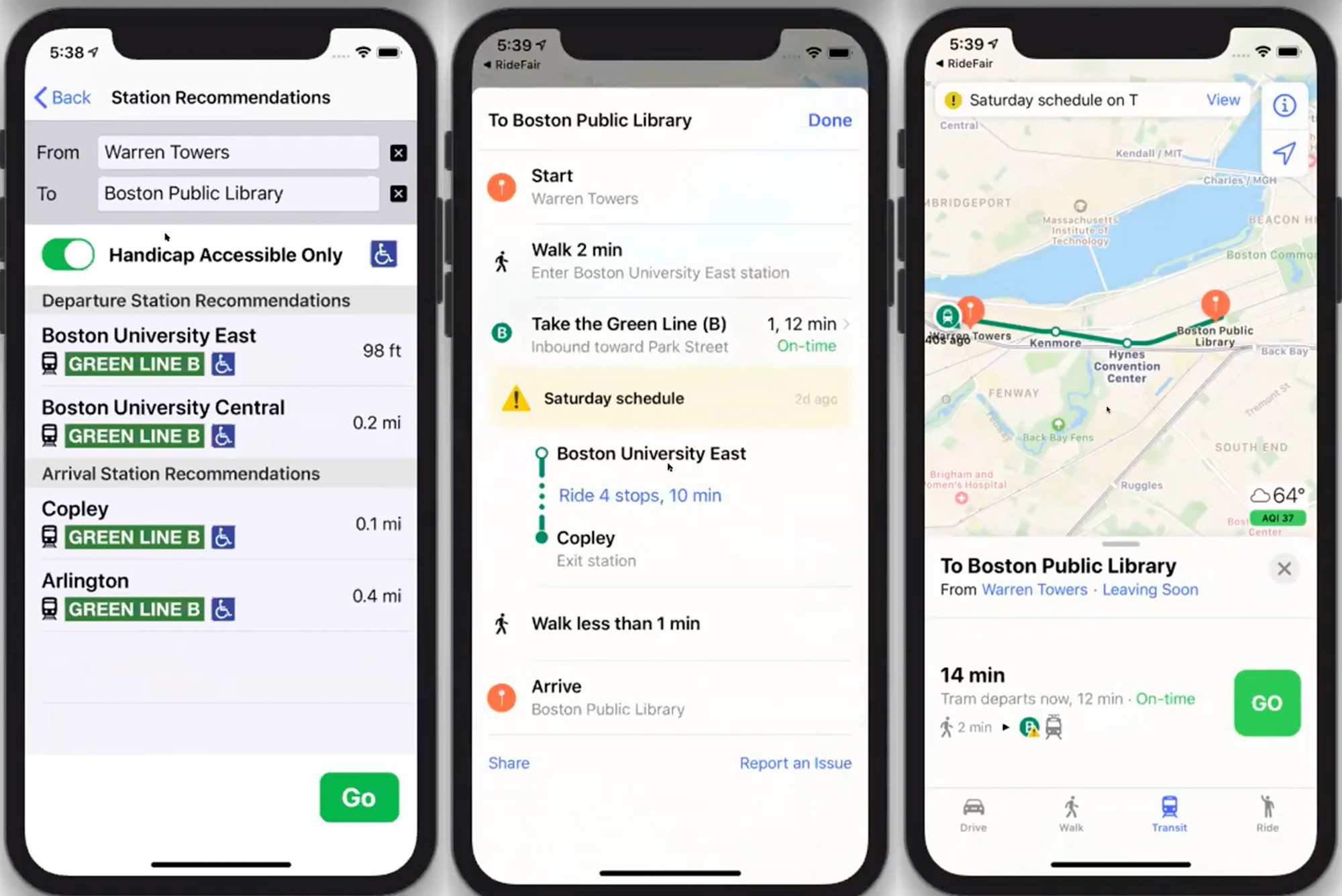 Screenshots of the RideFair app demoed at BU火花!'s demo day. Three phone screenshots demonstrate how users can use the app to get from Warren Towers to Boston Public Library.