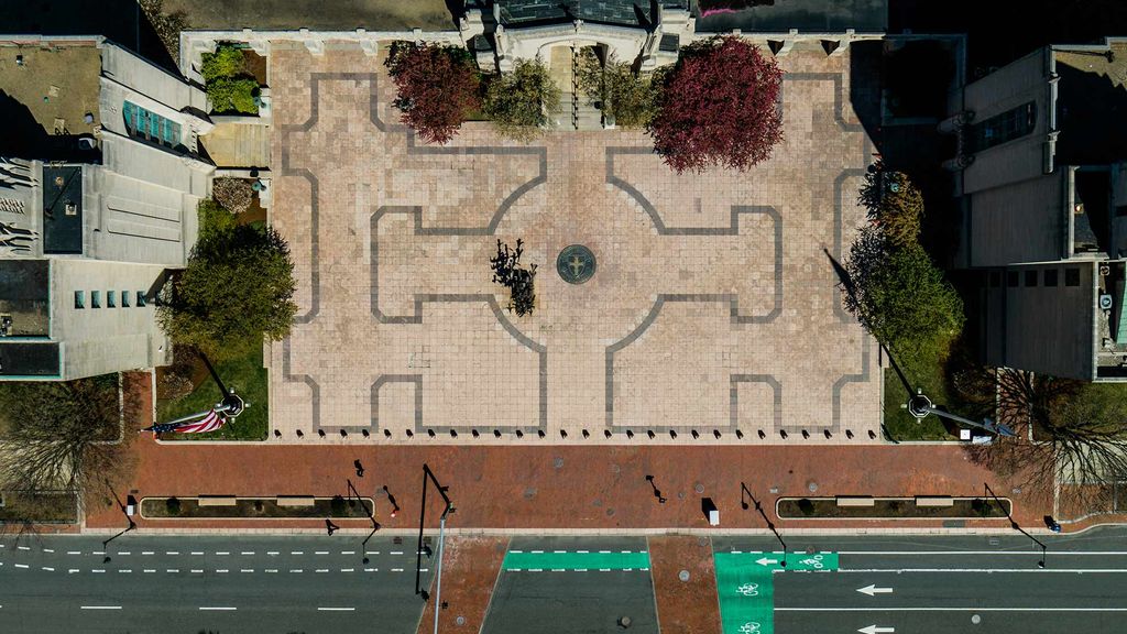 Aerial shot of Marsh Plaza and Comm Ave. Drone footage vividly capturing how BU has been transformed by the COVID-19 pandemic. Video shot by Above Summit, edited by Chris Palmer, BU Productions