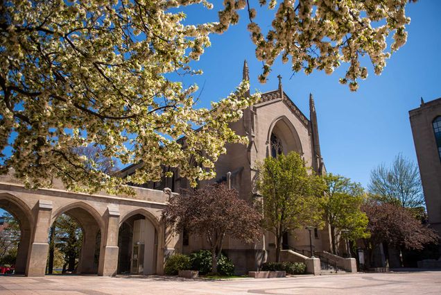 Spring view of Marsh Chapel and Marsh Plaza