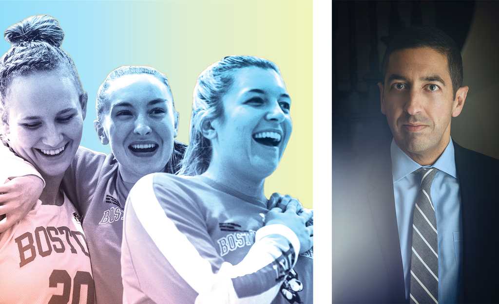 Two photos side by side: On the left is a photo of the women's basketball team, and on the right is a photo of SPH Dean, Sandro Galea.