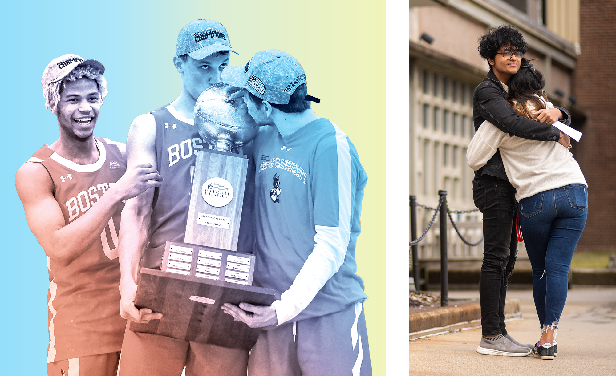 Two photos side by side: On the left is a photo of the men's basketball team, and on the right is a photo of two students who are dating saying goodbye during the forced move out.