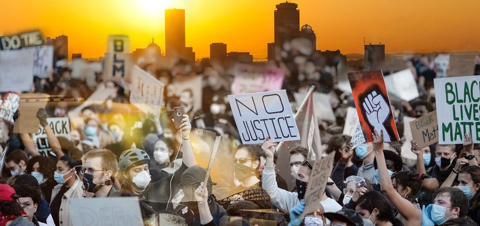 Photo of Boston protests in June 2020, screened over a photo of a sunrise of the Boston city skyline. Protesters hold signs such as "No Justice" and "BLM"