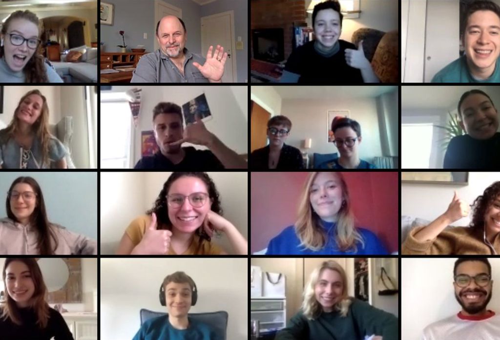 Photo of Jason Alexander's Zoom call with several students.