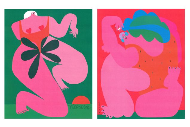 Two Amber Vittoria illustrations on a white background. In the images, women’s contorted limbs stretch the limits of the composition, like Nothing Is Private (left) and one she created for Dope Girls magazine (right). The women's bodies are in pink.