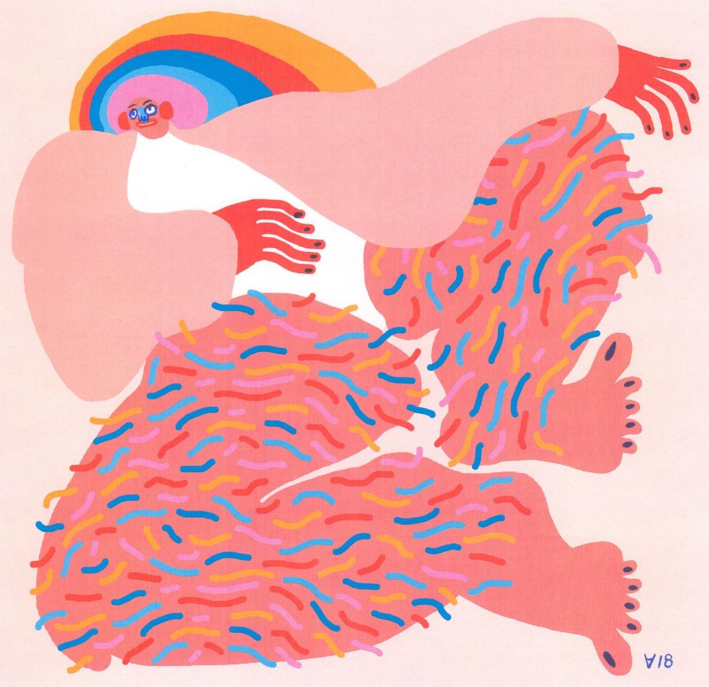 Illustration by Amber Vittoria entitled This Space Is For You. A pink women lays back with her rainbow hairy legs exposed.