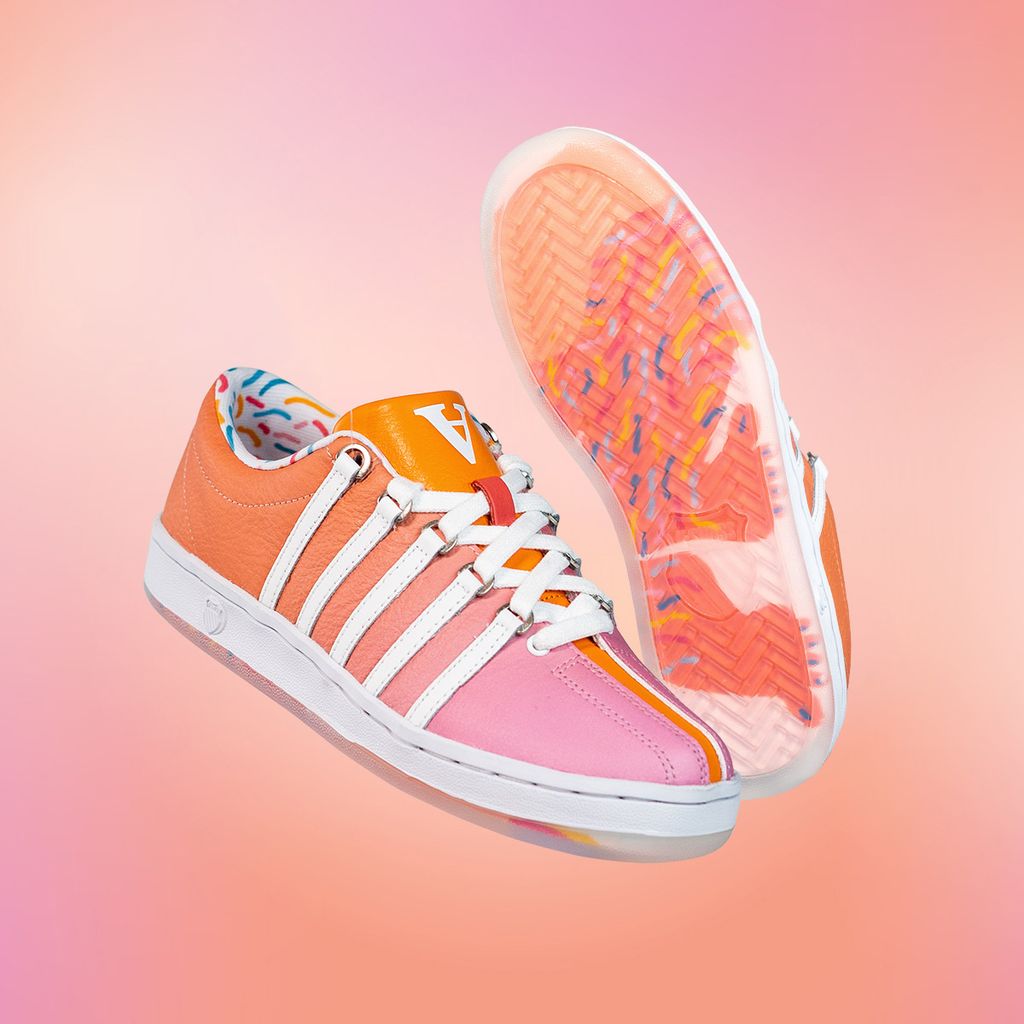 Vittoria partnered with the shoe retailer K-Swiss to create a limited edition sneaker in honor of International Women’s Day. The orange and pink ambre shoe has Vittoria's This Space is For You illustration on the sole.