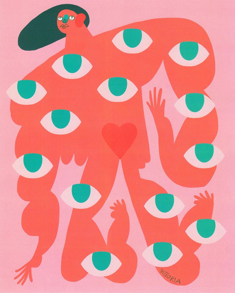 Amber Vittoria's illustration Vittoria’s Off My Body accompanied a 2019 New York Times article about abortion legislation. In it, a many-armed woman has teal eyes all over her body.