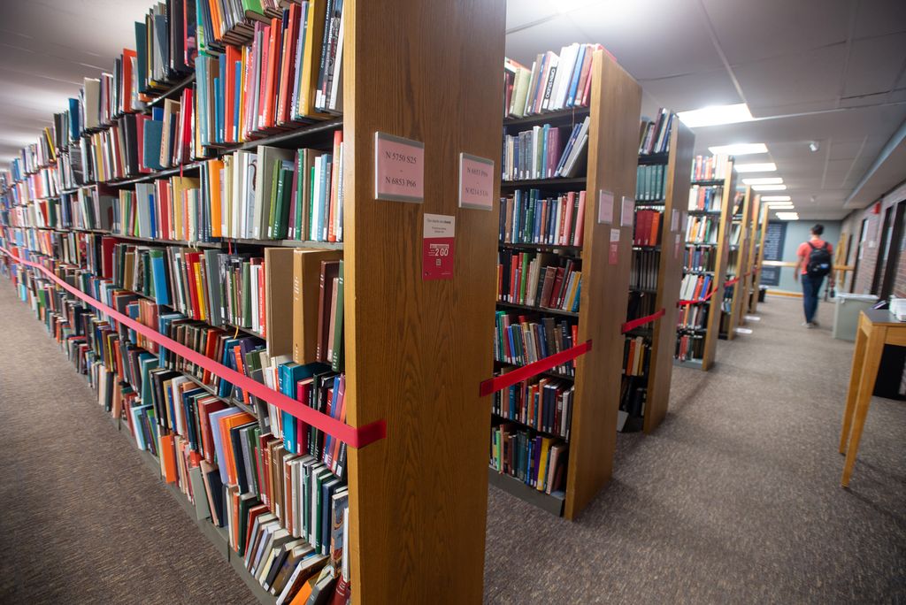 A photo of the stacks at Mugar Library