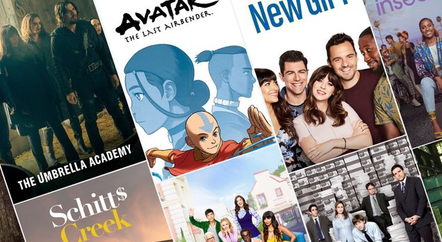 A composite photo of television show posters including for Avatar the Last Air Bender, The Office, Insecure, New Girl, and Umbrella Academy