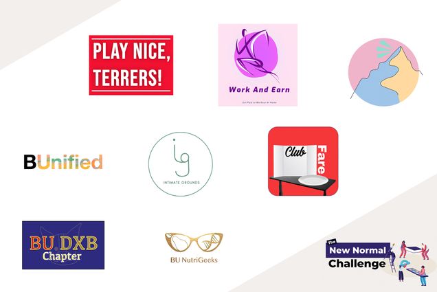 Composite image made from logos of teams competing in BU’s New Normal Challenge. Logos include: Play Nice, Terriers!, Work and Earn, A below and yellow mountain, BUnified, Intimate Grounds, Club Fare, BU DXB Chapter, and BU NutriGreeks.