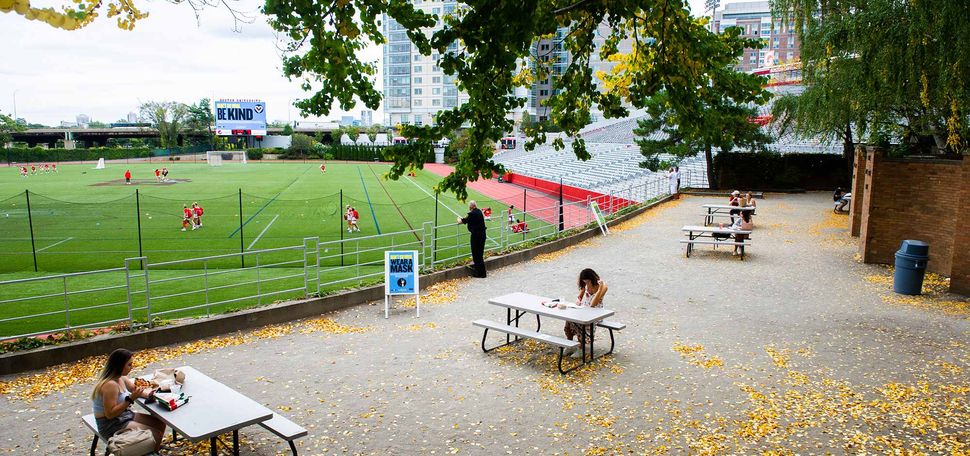 View of 'the grotto' by Nickerson Field on the Boston University Charles River Campus