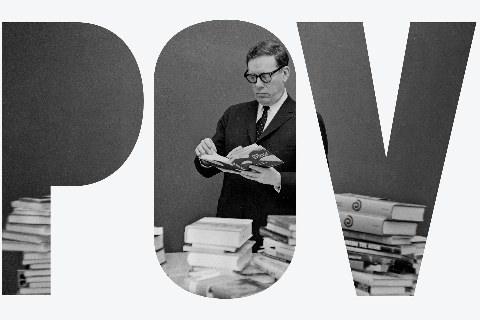 A black and white photo of author Isaac Asimov with 80 books at a Mugar Library event comemmorating the publishing of his 80th book in 1967. The table in front of him is piled high with books; he flips through one, wearing dark thick-rimmed glasses and a suit. Overlay reads "POV"