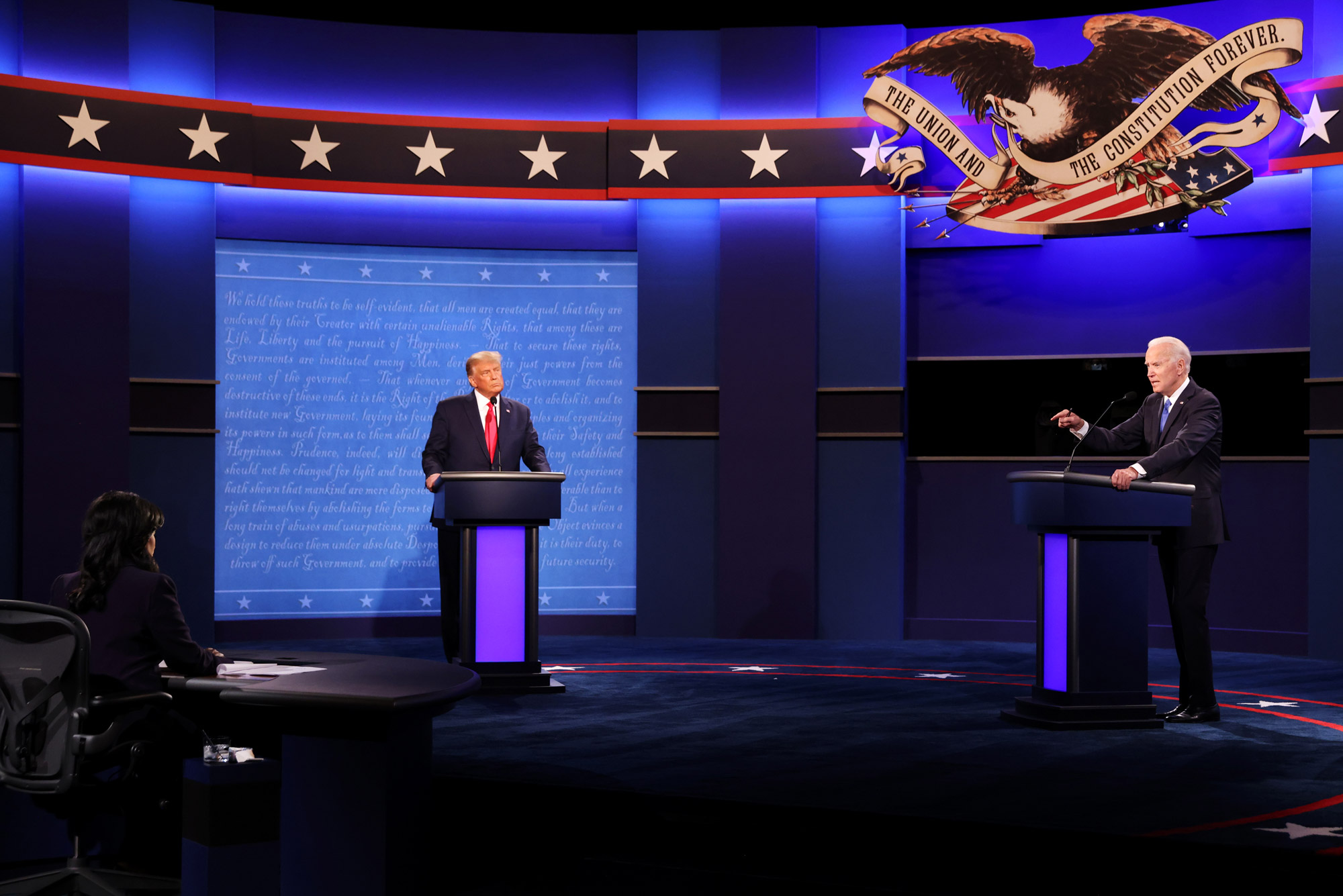 A photo of Donald Trump, Joe Biden, and Kristen Welker on the debate stage