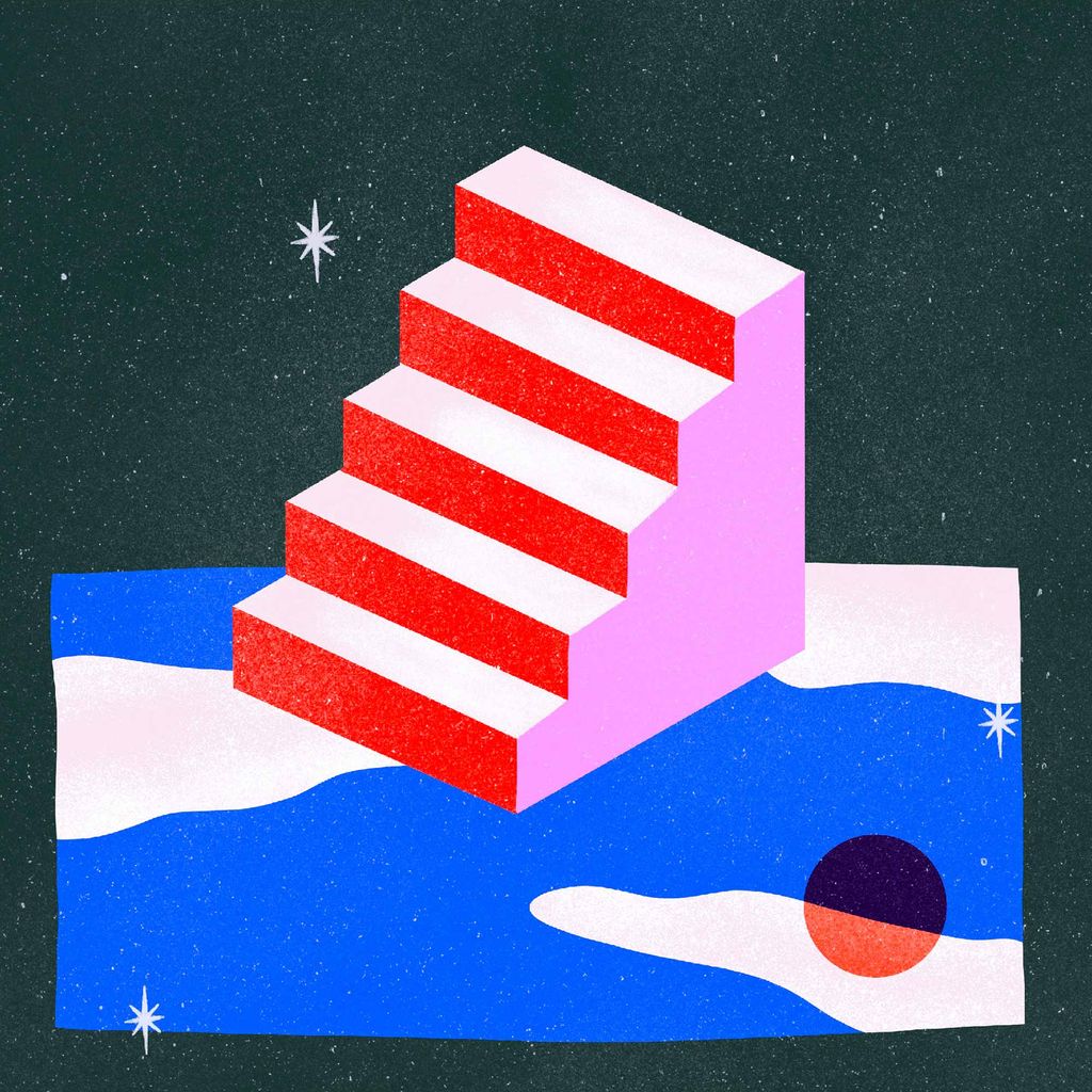Illustration of a pink and red staircase on a white and blue swirly ground.