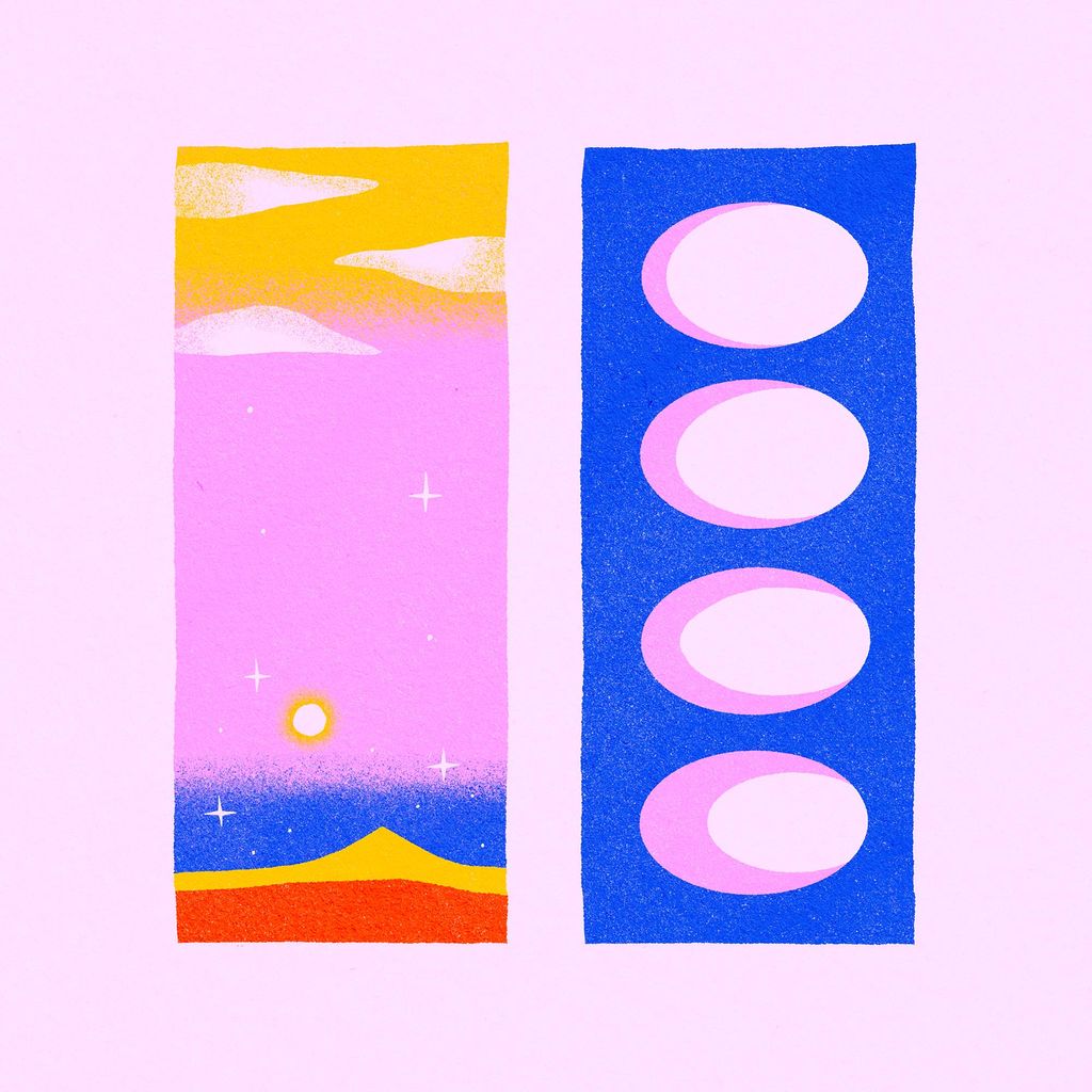 Two illustrations on a pink background. One depicts a sunset of sorts, the other a series of ovals that resemble eggs.