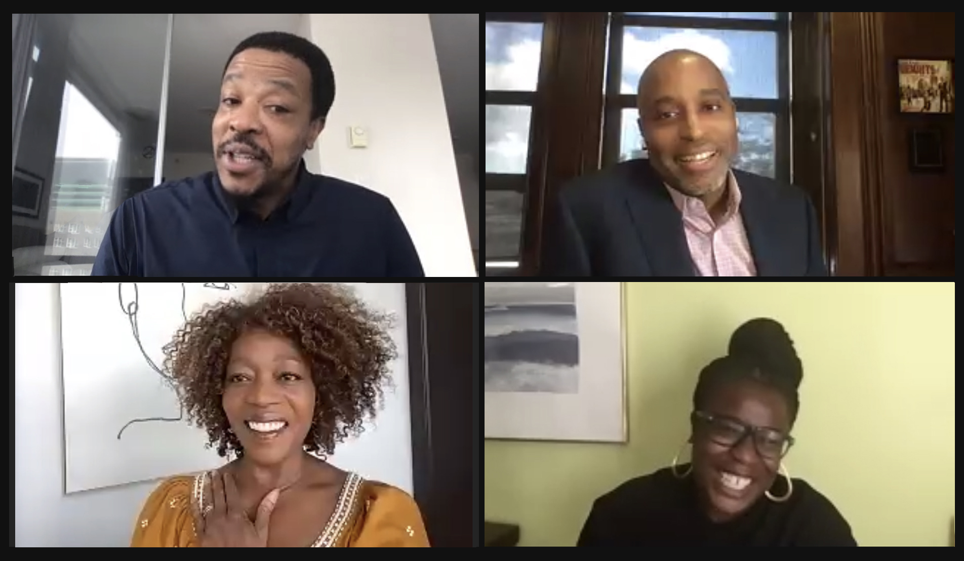 Screenshot from a virtual event During the Alumni Weekend called Black in the Entertainment Industry: Reflections on Courage, Challenge, and Creativity, College of Fine Arts Dean Harvey Young (clockwise from top right) spoke with actors Uzo Aduba (CFA’05), Alfre Woodard (CFA’74, Hon.’04), and Russell Hornsby (CFA’96) about their experiences at BU and in Hollywood.