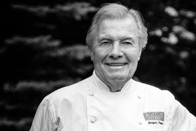 A portrait photo of chef Jacques Pepin in black and white