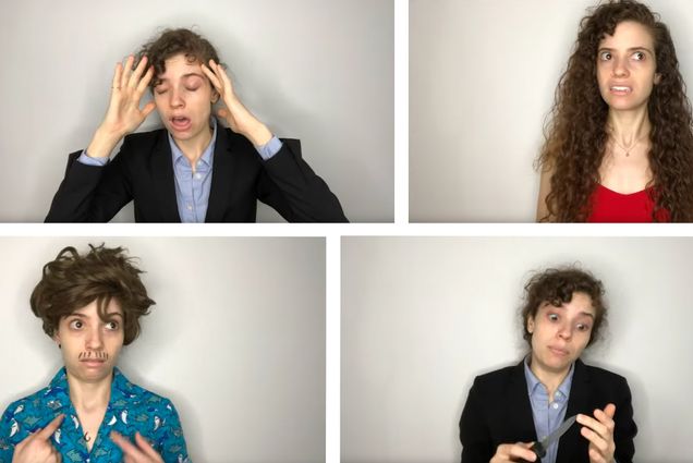 Composite image of photos from DeCotis' video which parodies Cuomo's press briefing. In the photos, DeCotis wears a suit and touches her head, wears a red shirt and looks stress, wears a Hawaiian shirt and mustache and points at herself, and pretends to cut herself with a knife in a suit jacket.