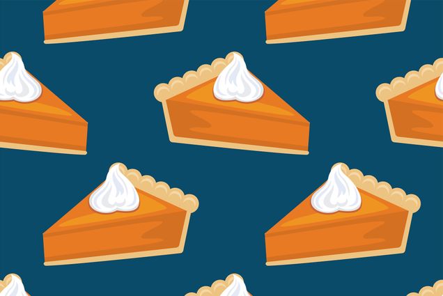 Illustration of slices of pumpkin pie with whipped cream on a dark blue background.