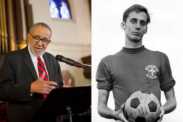 Composite image, at left, a photo of Rev. Gil Galdwell (GRS’55, Hon.’59) speaking at a podium in what looks like a church, and a black and white photo of Robert Trump (DGE’68, CAS’72) holding a soccer ball as a young man at BU.