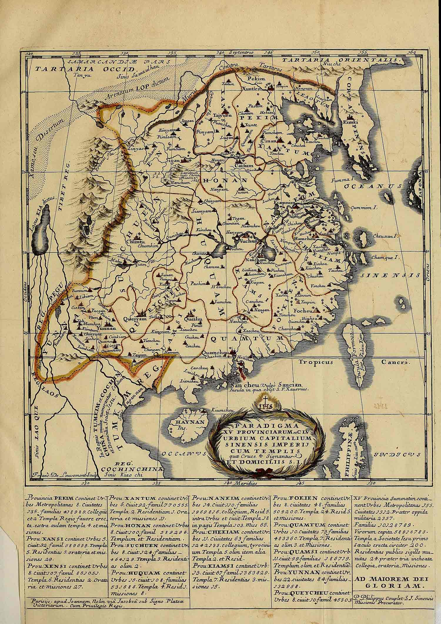 Photo of an "A Map of the 15 Provinces and 155 Capital Cities of the Chinese Empire", with descriptive text below, from Confucius, the Philosopher of the Chinese, Bk III, between pages 104 & 105. Note the southward course of the Yellow River (Croceus Flu.), which it followed for centuries before the 1850s floods. The map is yellowed with age.