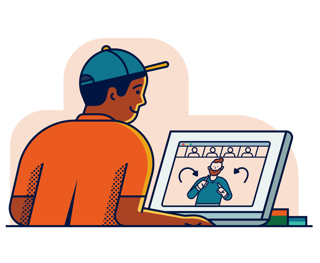 Illustration of a young student in an orange shirt and blue baseball cap watching a laptop screen where a teacher signs to the class.