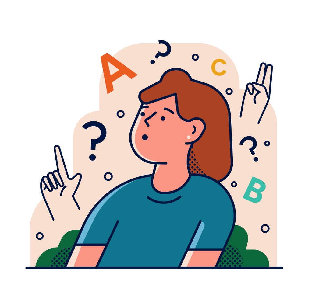Illustration of a young girl with red hair who sits at her desk with a cloud of letters, hand signs, and shapes around her.