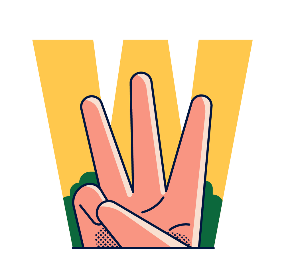 Illustration of a hand signing W with a yellow outline.
