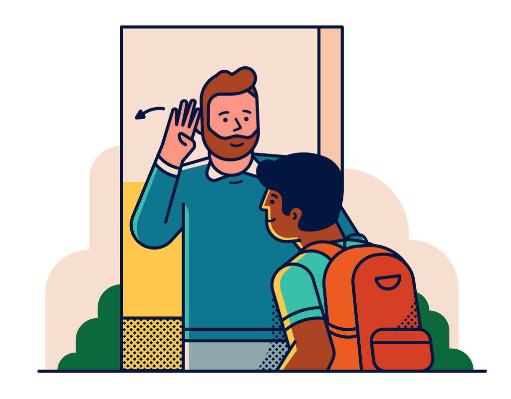 Illustration of a teacher in blue sweater signing hello to a student with an orange back pack as they walk by.