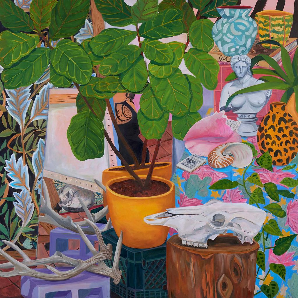 Self-Portrait in Studio (2019) Oil and acrylic on canvas 72 x 72 in. In this piece, Valdez has obscured her face behind a fiddle-leaf fig plant. The painting uses bright colors and is filled with greenery.
