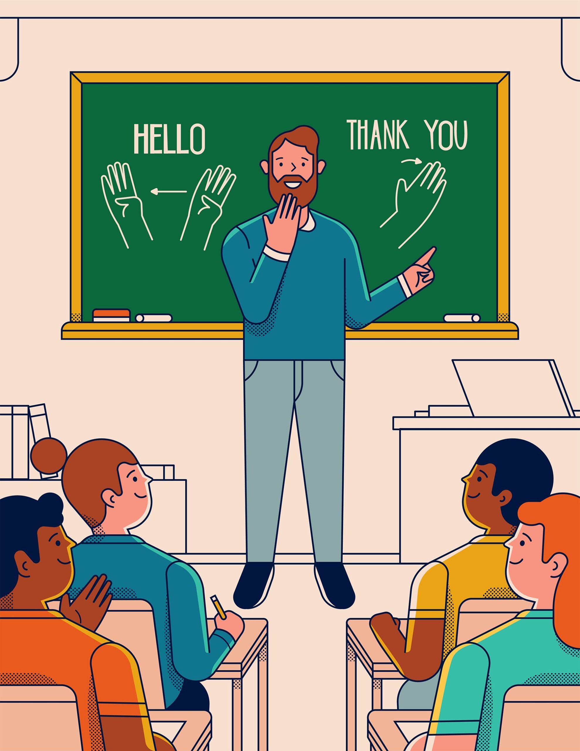 Illustration of a teacher in front of the blackboard that has ASL signs for “Hello” and “Thank You” drawn on the board. The teacher signs “thank you” to classroom full of kids.