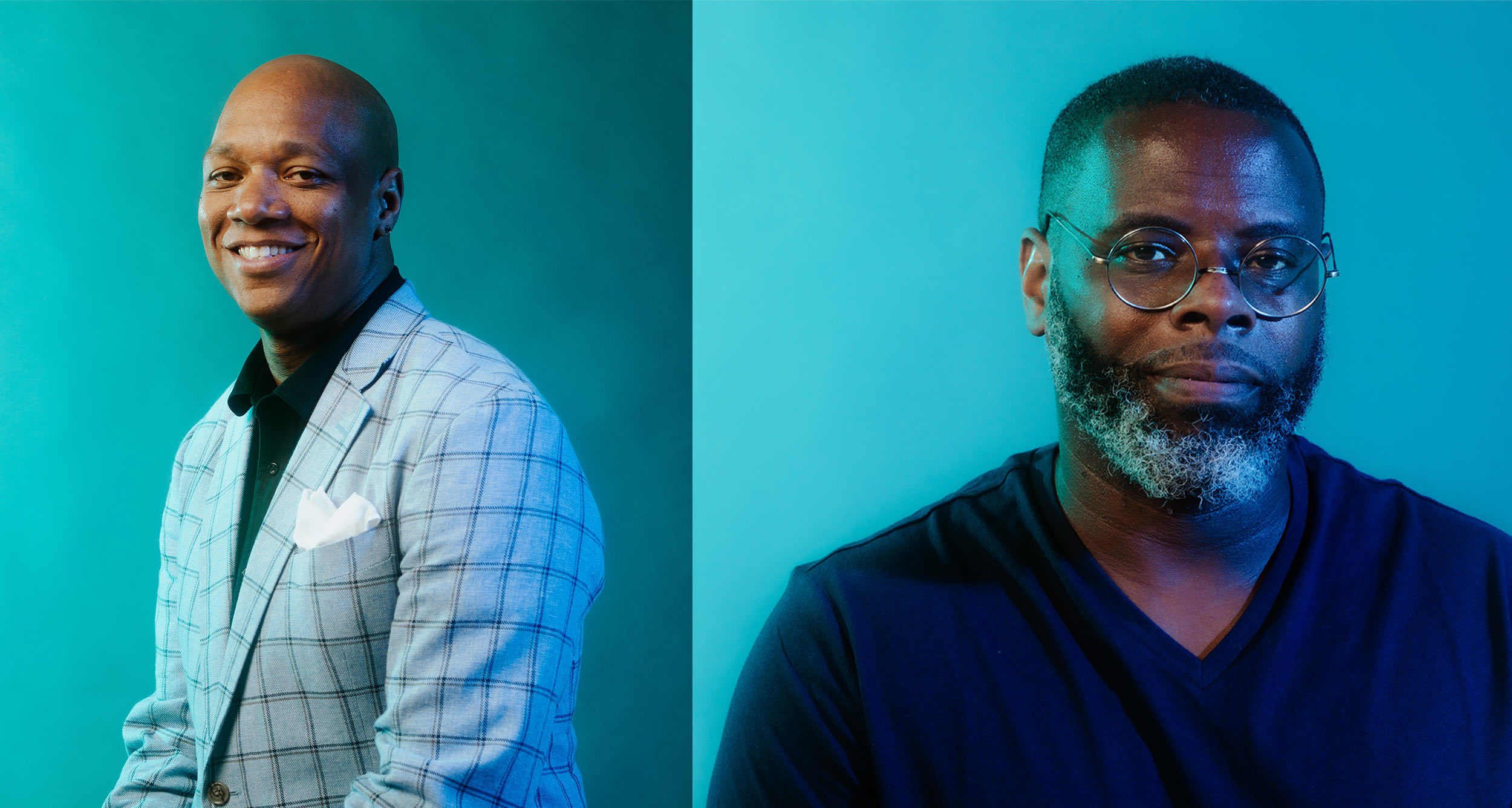 Composite image of two portraits of artists and researchers Joel Christian Gill (’04) (left) and Charles Suggs (’20). Gill wears a light striped suit jacket and smiles in front of a bright blue background. Suggs wears a black V-neck shirt and glasses and smiles slightly on a light blue background.