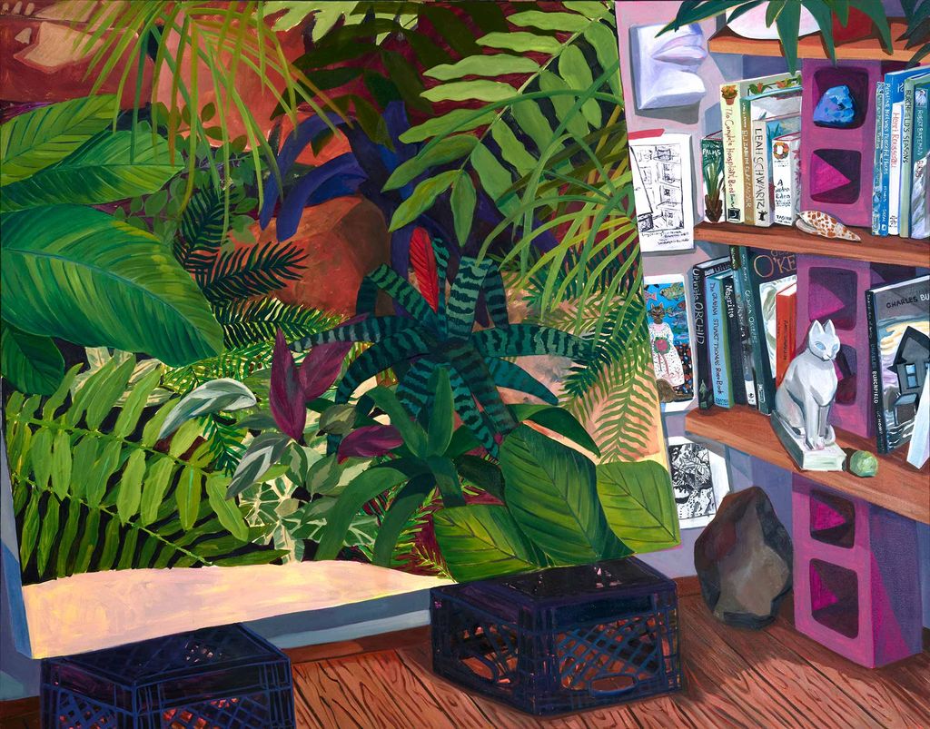 Valdez's Landscape in Studio (2018) Oil and acrylic on canvas 66 x 84 in. In the painting, the bottom right corner of another canvas is shown, with a filled book shelf and milk crate in the background. The canvas depicted is filled with bright green broad leaves.