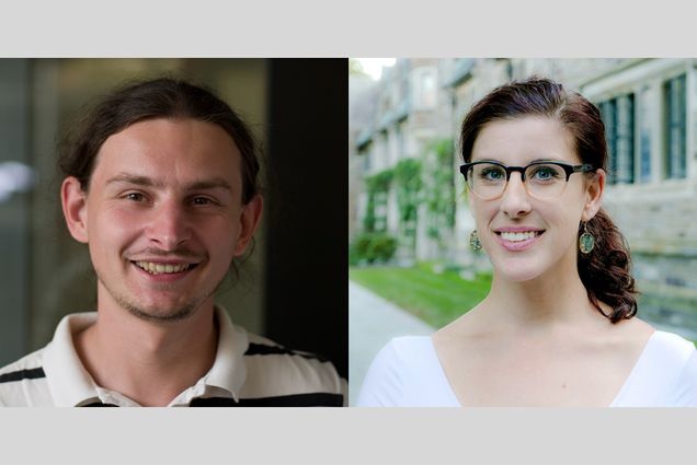 Composite image of headshots of Krzysztof Onak (left) and Kate Lindsey, whose research, respectively, is in artificial intelligence algorithms and vanishing global languages, are the recipients of two new Career Development Professorships. Onak smiles, has long curly hair that's pulled back, and wears a blue and white stripped polo. Lindsey stands outside, smiles, and wears a white blouse.
