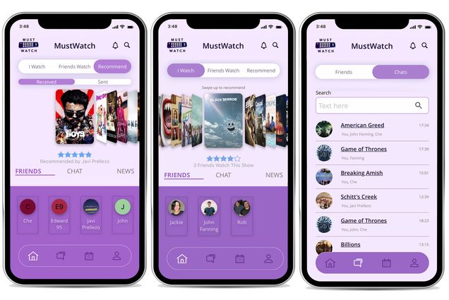 Screenshots from the Must Watch app displayed on iPhone screens showing suggestions for what to watch including the shows "The Boys" "American Greed" and "Game of Thrones"