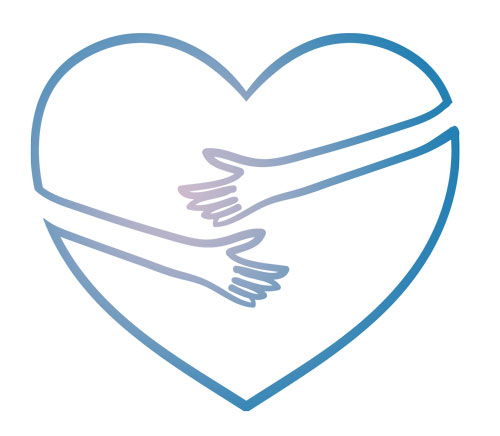 A blue heart with two arms reaching around it in a hug
