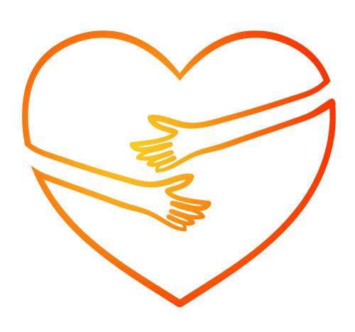 An orange heart with two arms reaching around it in a hug