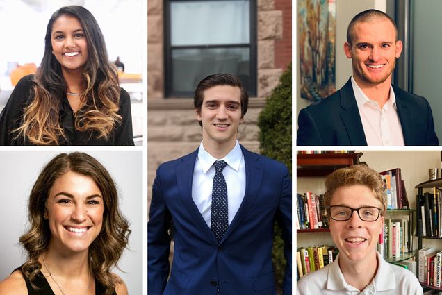 Composite image of headshots divided by white lines. From left to right, headshot of Saniya Shah (ENG’16) of Pilota, Eduardo Portet (ENG’18) of Index, Sean Donnelly (MET’18) of Resolvn, Anya Packer (CGS’12, CAS’14) of the National Women’s Hockey League Players Association, and James Graham (CAS’19) of Community Phone.