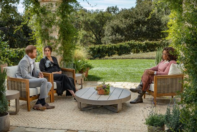 A photo of Prince Harry and Meghan Markle during their interview with Oprah Winfrey