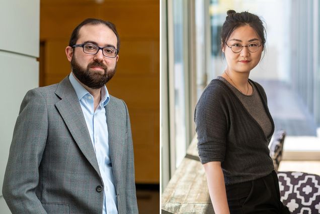 Composite image. At left, a photo of Gianluca Stringhini (ENG) looking serious, with his hand in his pocket, wearing a gray blazer and standing in a hallway with a wooden wall in the background. At right, a photo of Chen Ling (ENG’24), a PhD student, leaning against a wooden rail, and slightly smiling and looking determined. She wears a gray sweater.