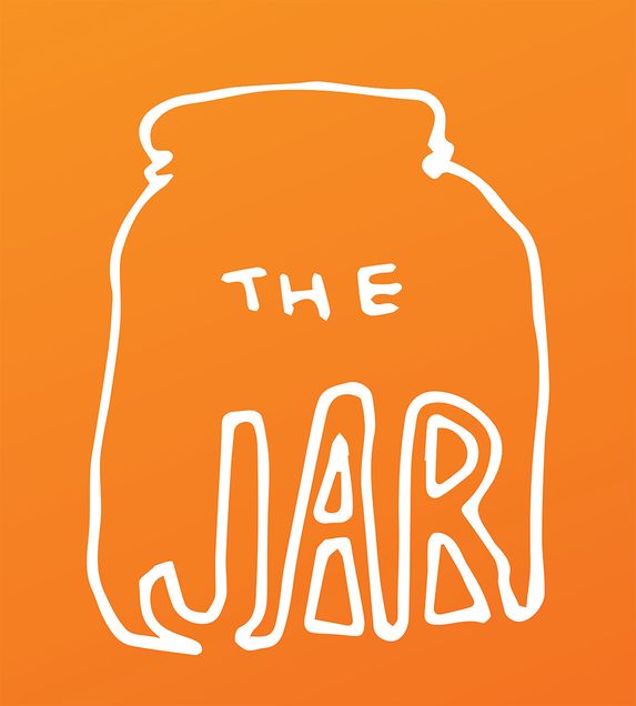 The Jar logo; a rough line drawing in white of a jar with the words "the Jar" drawn into the bottom, with an orange background.