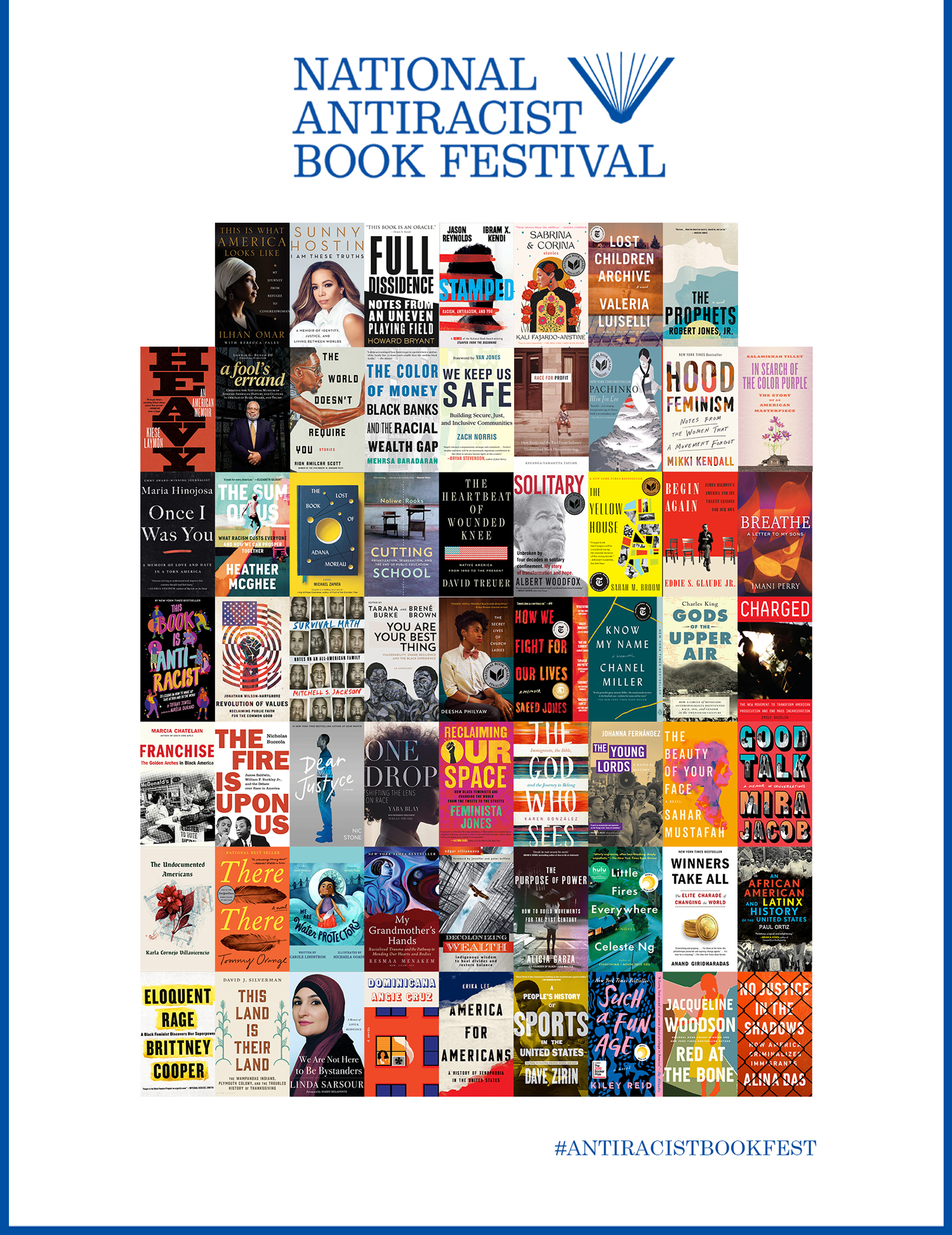 A photo of the poster for the National Anitracist Book Festival. The poster features book covers and under the words "National Antiracist Book Festival."