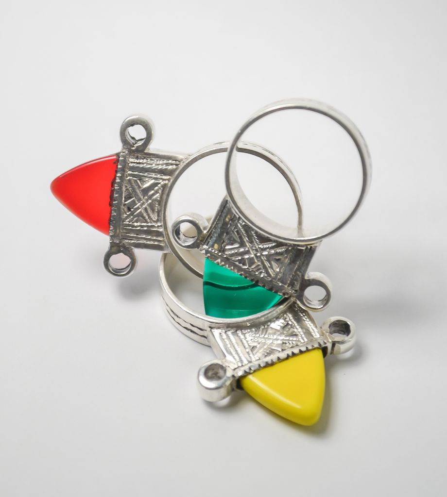 A photo of Tchidite’s Tanfuk rings in three colors