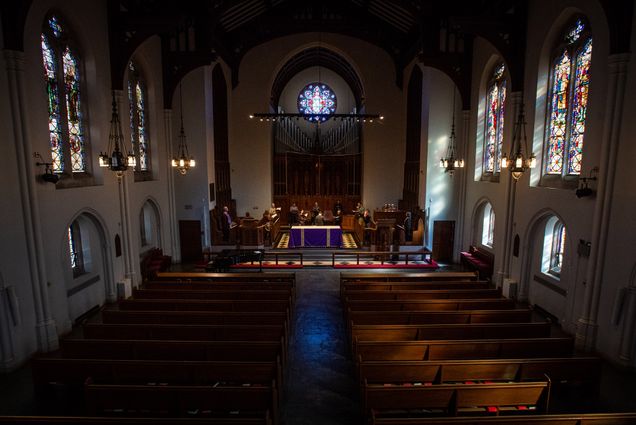 Rev. Dr. Robert Alan Hill preaches to an empty Marsh Chapel