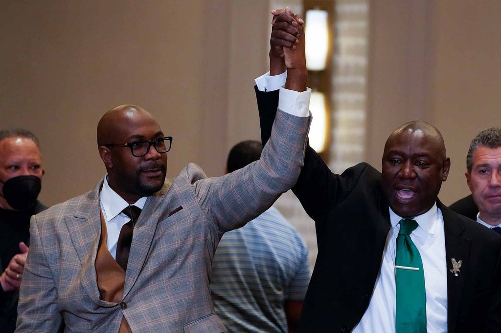 Philonise Floyd and Attorney Ben Crump react after a guilty verdict was announced at the trial of former Minneapolis police Officer Derek Chauvin for the 2020 death of George Floyd